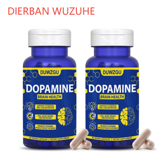 Dopamine capsules for brain health, supporting attention, concentration, and motivation in a blue bottle.