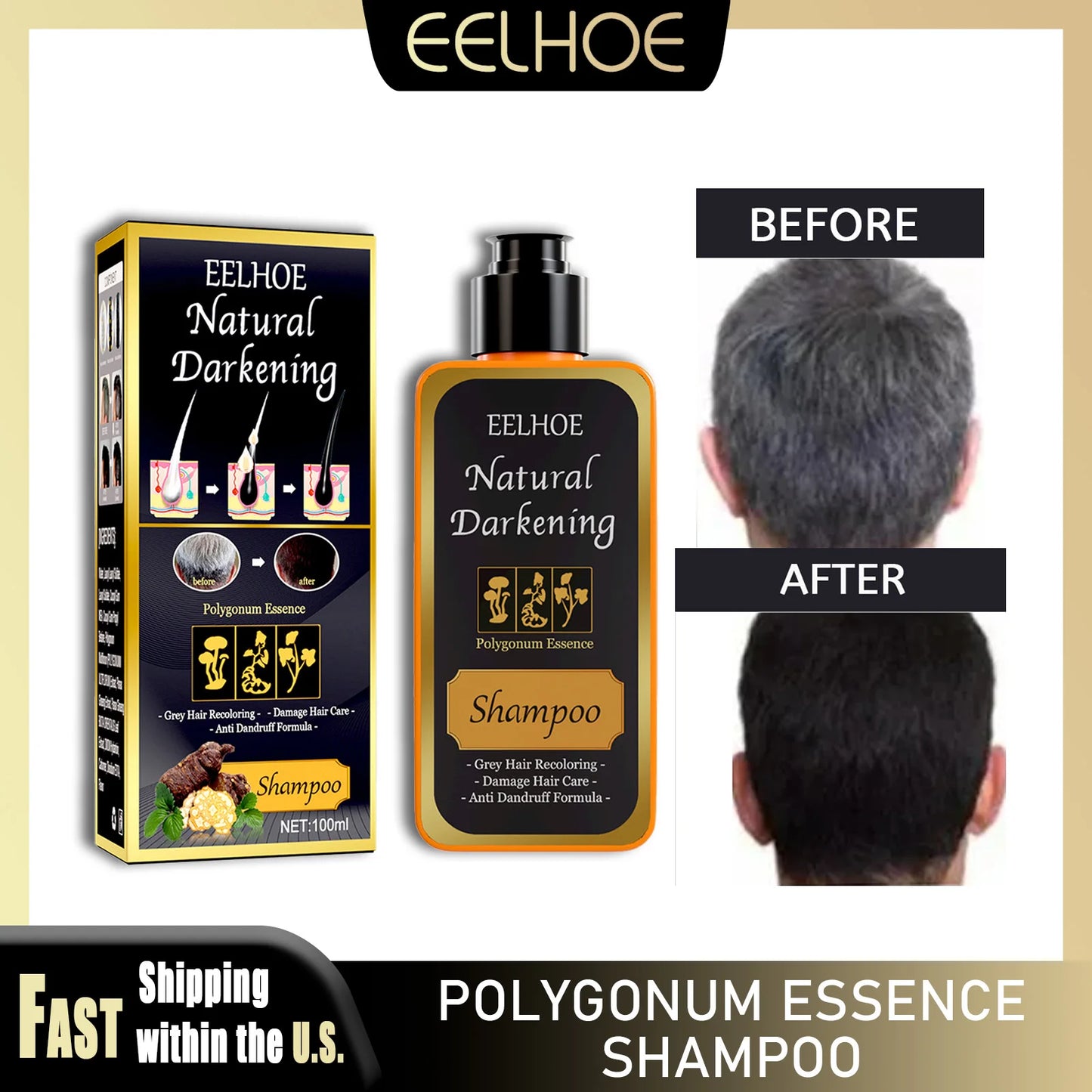 EELHOE 100ml Black Dye Shampoo Natural Herbal Hair Coloring Strengthen Hair Roots Nourishing Gray White Hair Turning Black Care