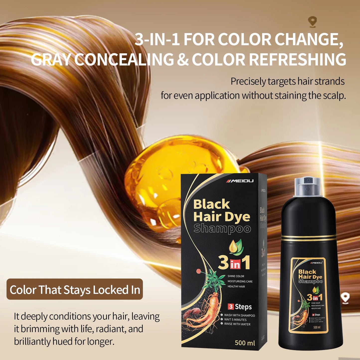 Meidu 3in1 Hair Dye Shampoo Easy to Use Moisturizing & Healthy Hair Care Creating Natural Hair Color,Quick Dyeing for Men Women