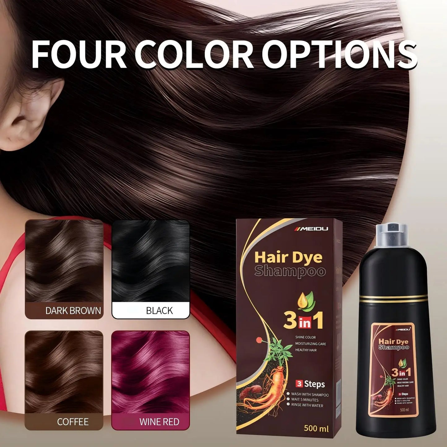 Meidu 3in1 Hair Dye Shampoo Easy to Use Moisturizing & Healthy Hair Care Creating Natural Hair Color,Quick Dyeing for Men Women