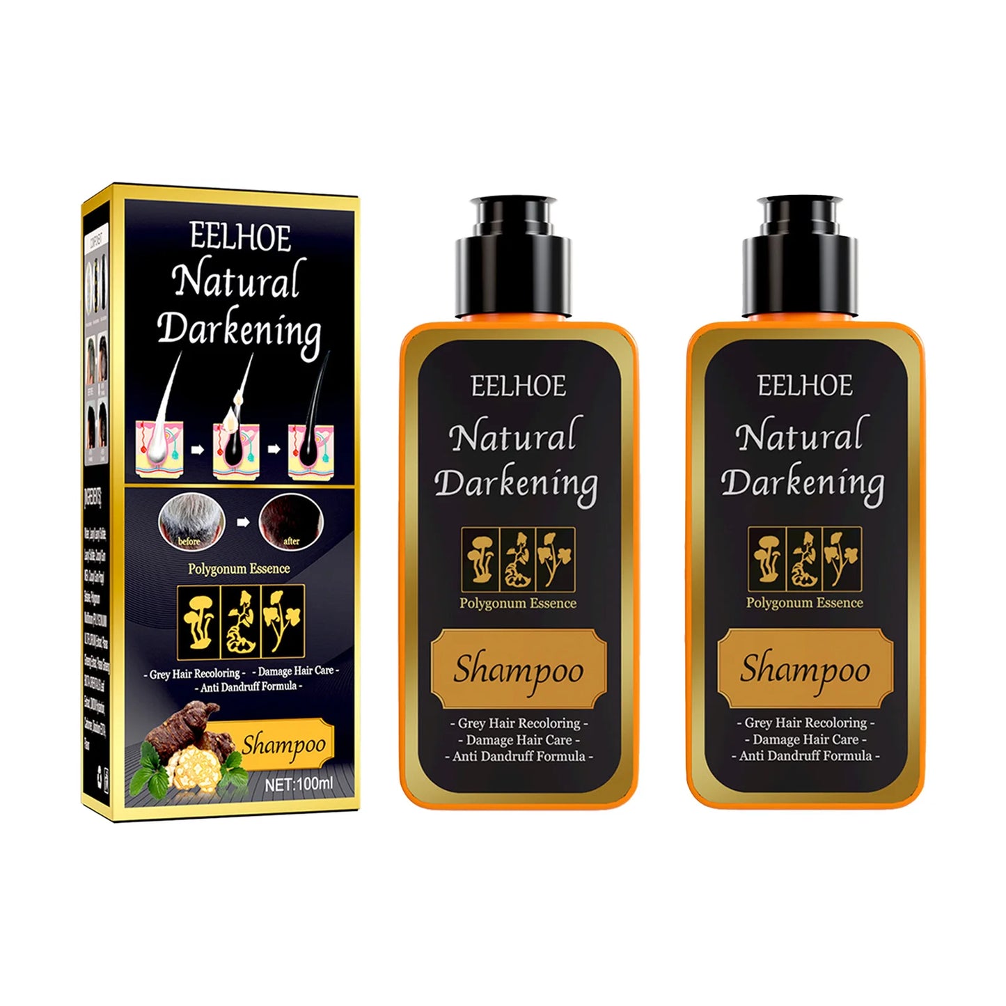 EELHOE 100ml Black Dye Shampoo Natural Herbal Hair Coloring Strengthen Hair Roots Nourishing Gray White Hair Turning Black Care