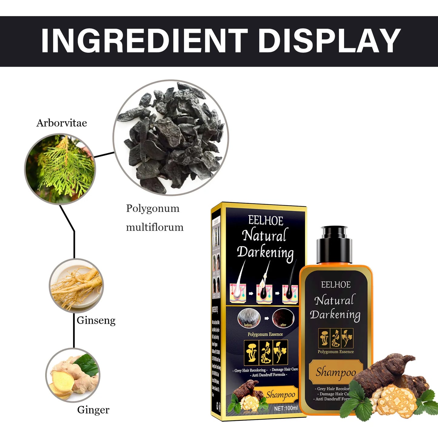 EELHOE 100ml Black Dye Shampoo Natural Herbal Hair Coloring Strengthen Hair Roots Nourishing Gray White Hair Turning Black Care