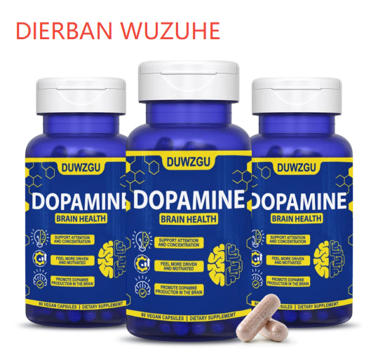 Three bottles of dopamine capsules for brain health, supporting attention and concentration.